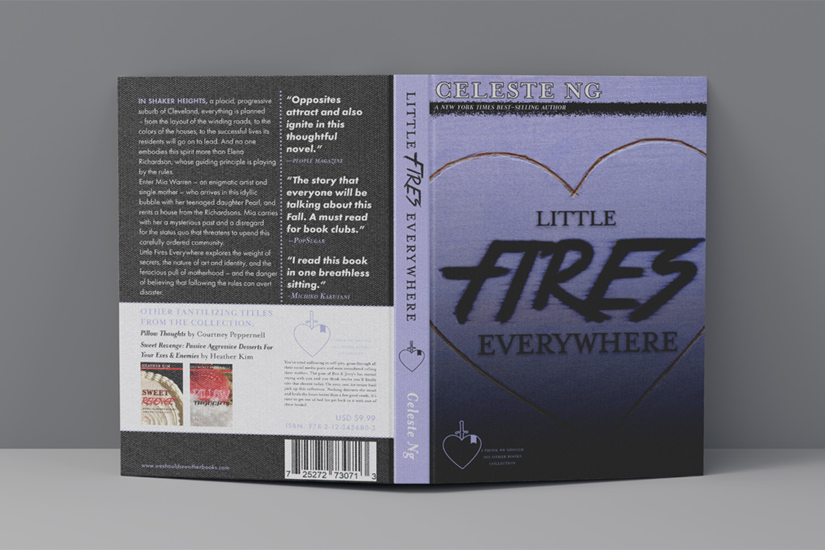 Cover of Little Fires Everywhere designed for the collection with the title in grahic black type against a background photo of a heart carved into a tree and tinted purple.