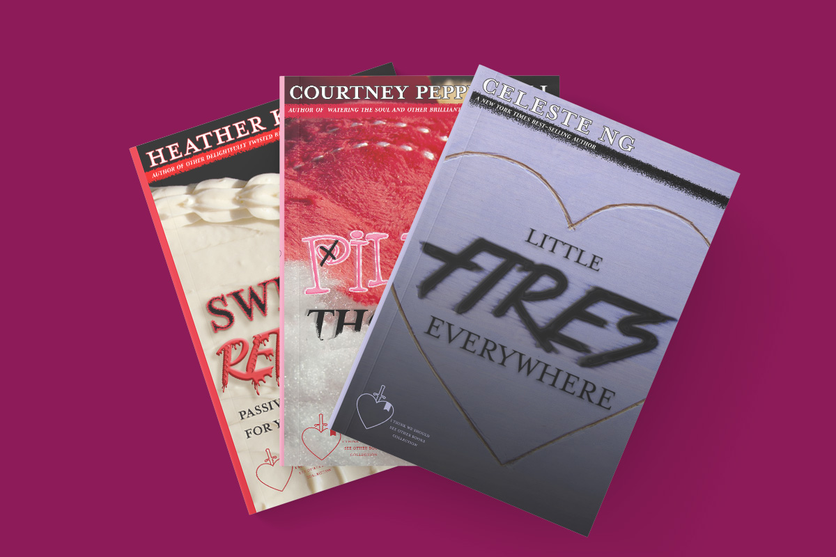 Three book covers from the collection splayed in a fan on a magenta background.