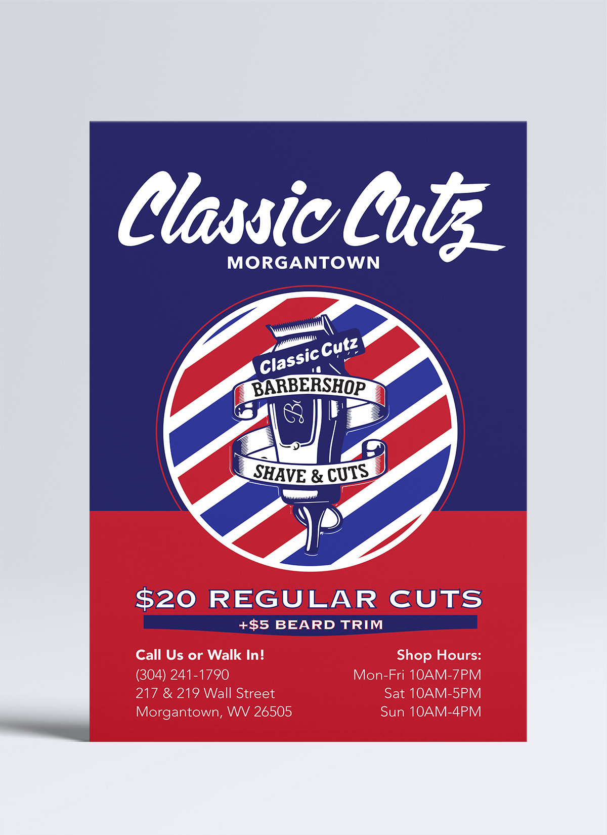 Front side of promotional store flyer for ClassicCutz, a local barber shop displaying their rates and hours of operattion.