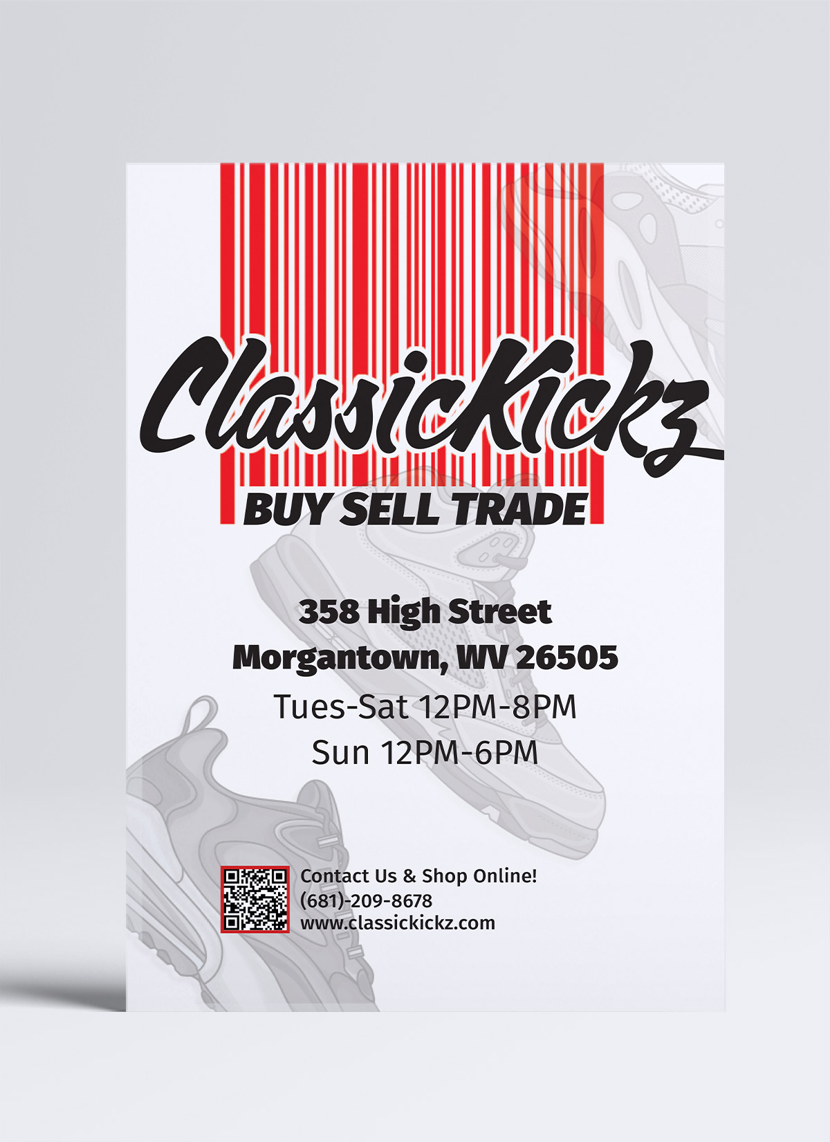 Back side of promotional store flyer for ClassicKickz, a local shoe store displaying their location and hours of operattion.