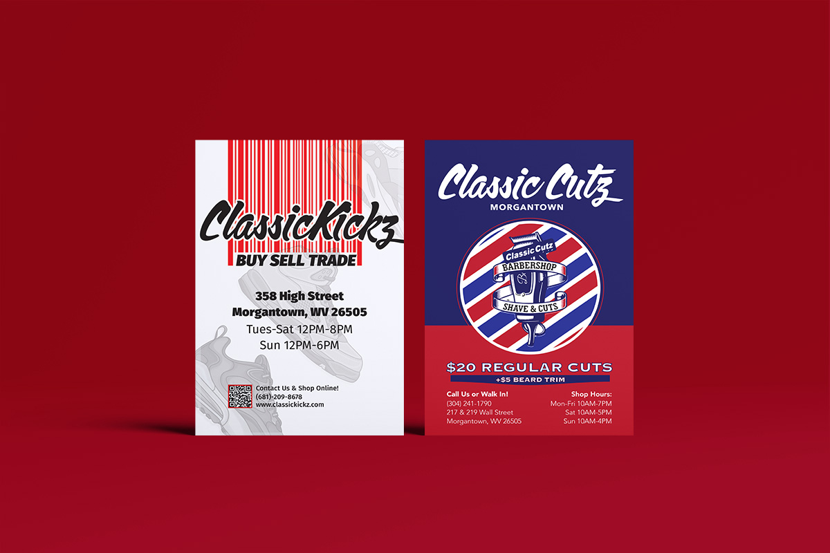 Front and back side of promotional store flyer for ClassicKickz, a local shoe store, and ClassicCutz, a local barber shop on a deep red background.