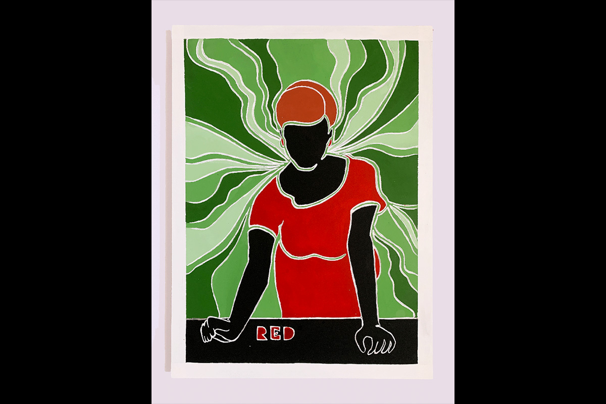 A linoleum carving of Red from the show MadMen painted in black red and green.