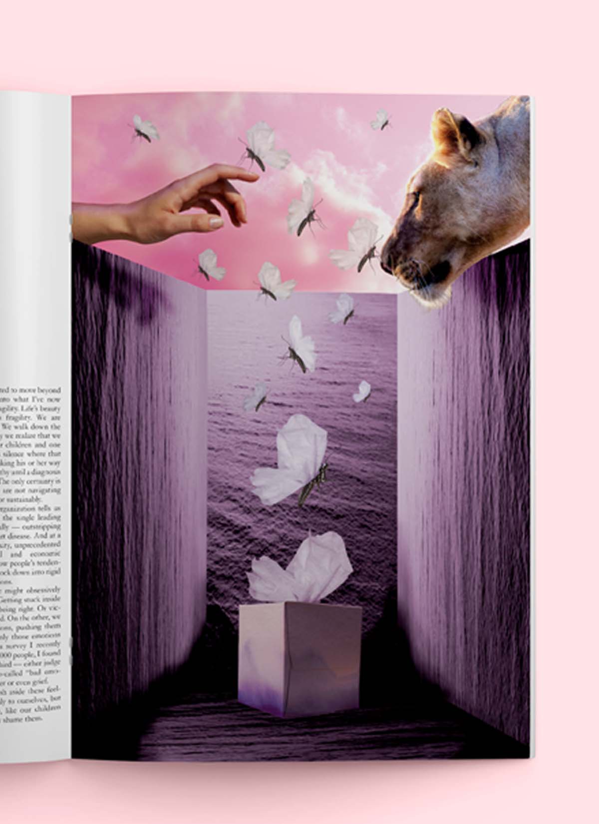 Right page of the magazine spread that features a PhotoShop collage illustration of a hand catching tissue butterflies and a female lion head peering over purple waterfall walls.