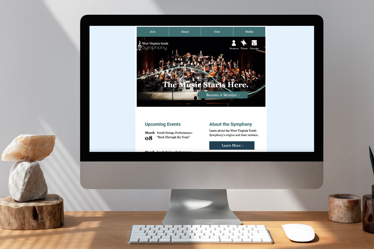 Home page of West Virginia Youth Symphony Redesigned Website.